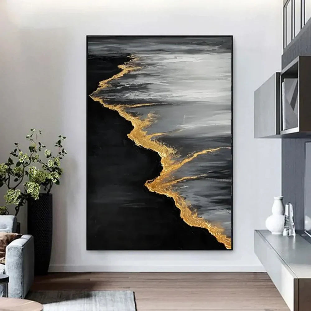 Black & Gold Ocean And Sky Abstract Textured Canvas Art #OS 288