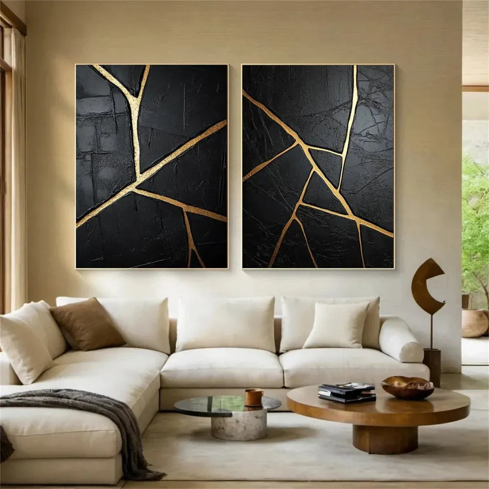 Black and Gold Minimalist Textured Canvas Set of 2 #MT071