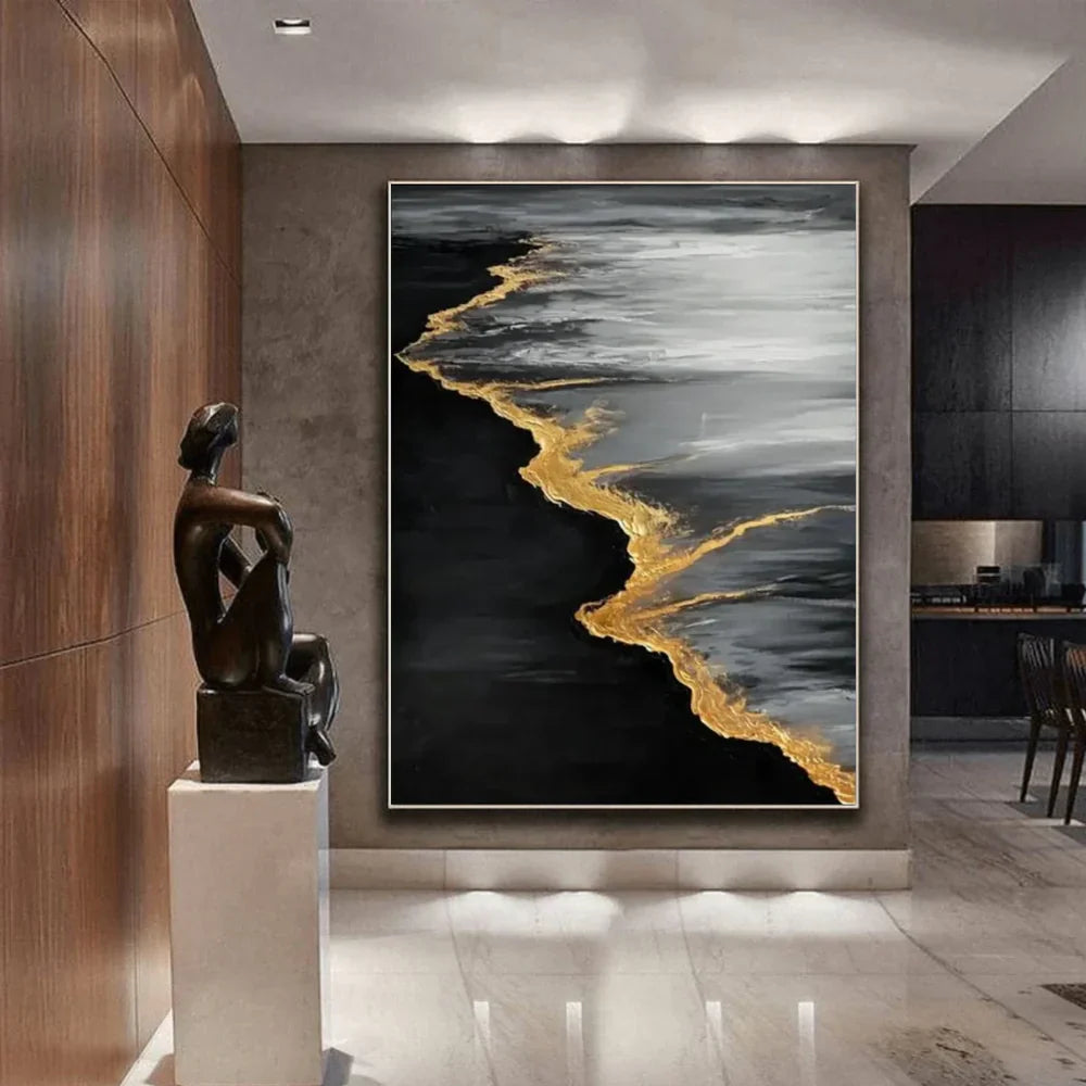 Black & Gold Ocean And Sky Abstract Textured Canvas Art #OS 288