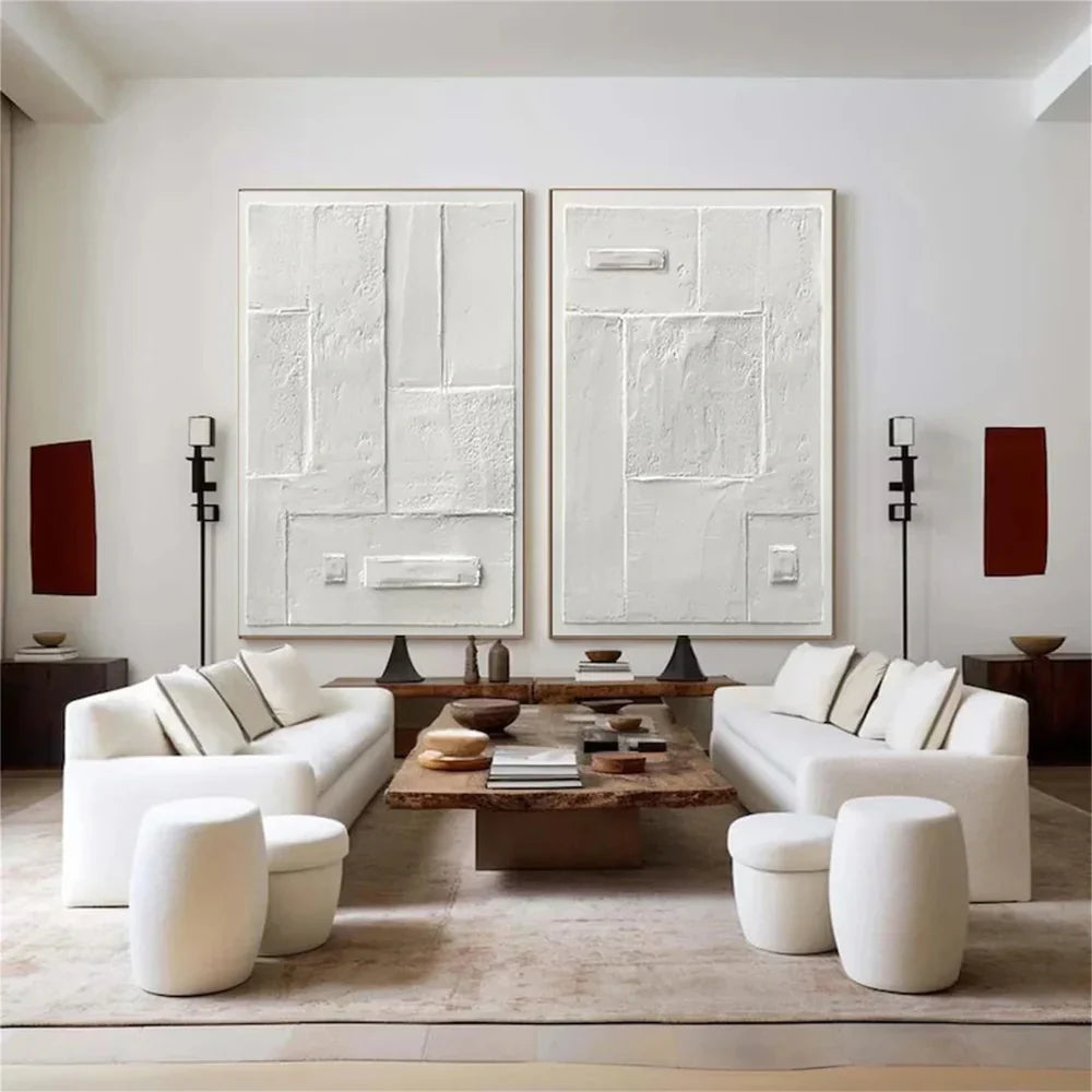 White Minimalist Textured Paintings Canvas Set of 2 #MM146