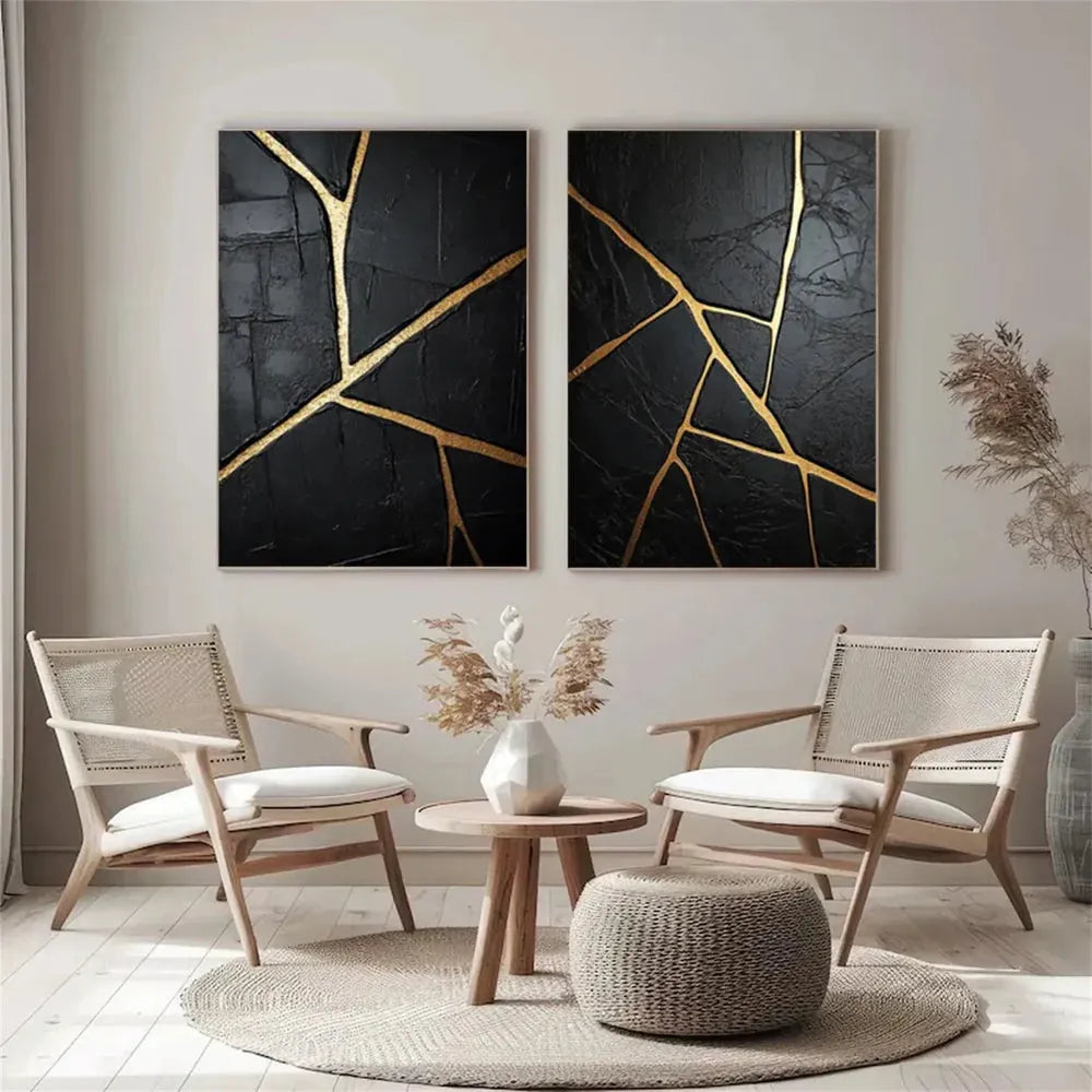 Black and Gold Minimalist Textured Canvas Set of 2 #MT071