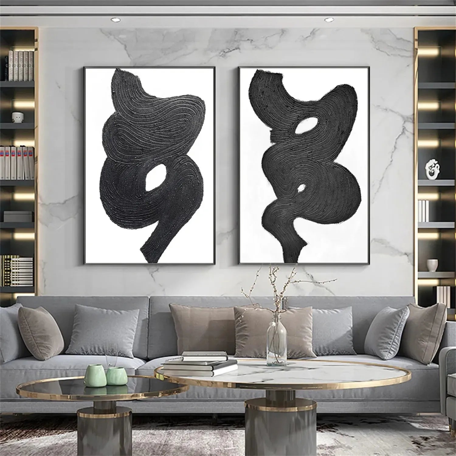 Black White Textured Minimalist Wall Art Set of 2 #MZ114