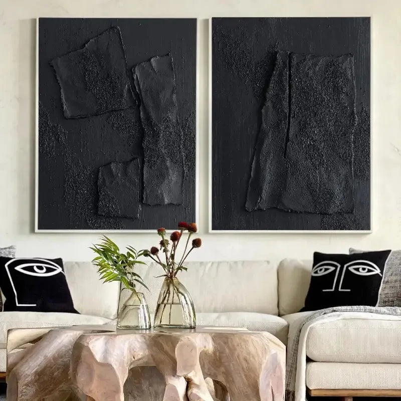 Black Plaster Art Minimalist Textured Paintings Set of 2 #MZ026