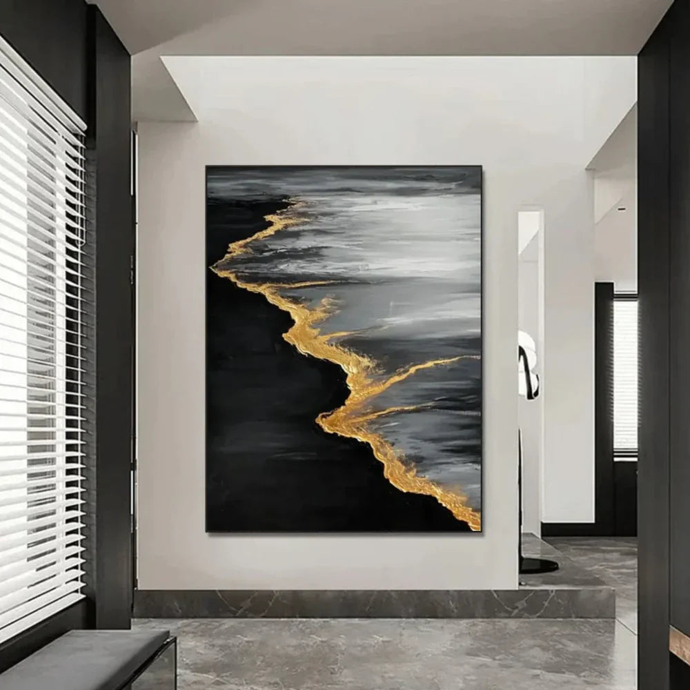 Black & Gold Ocean And Sky Abstract Textured Canvas Art #OS 288