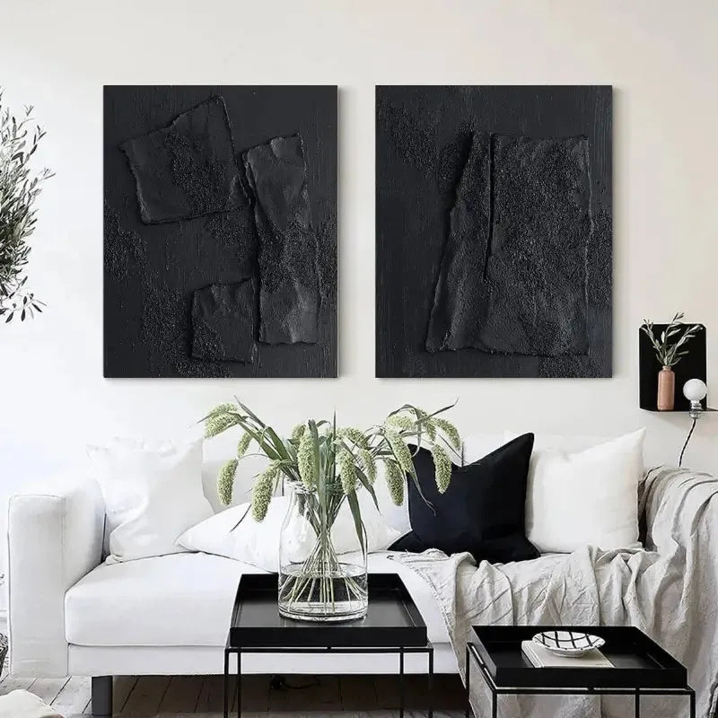 Black Plaster Art Minimalist Textured Paintings Set of 2 #MZ026