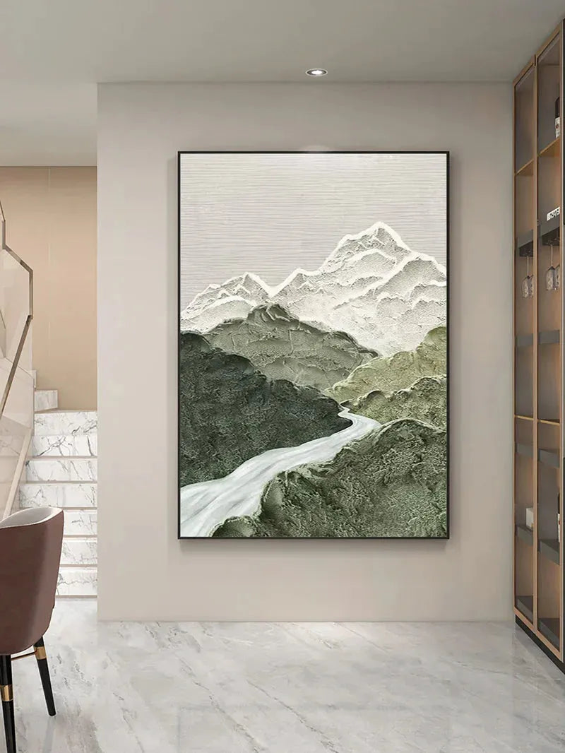 Green and White Mountain Textured Abstract Painting #MT089