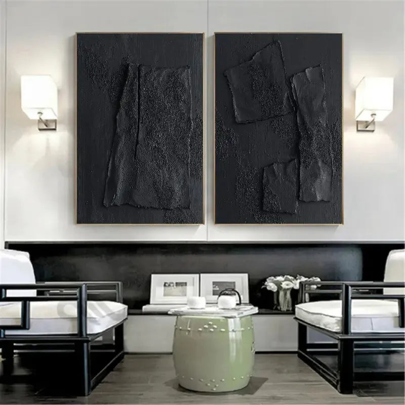 Black Plaster Art Minimalist Textured Paintings Set of 2 #MZ026