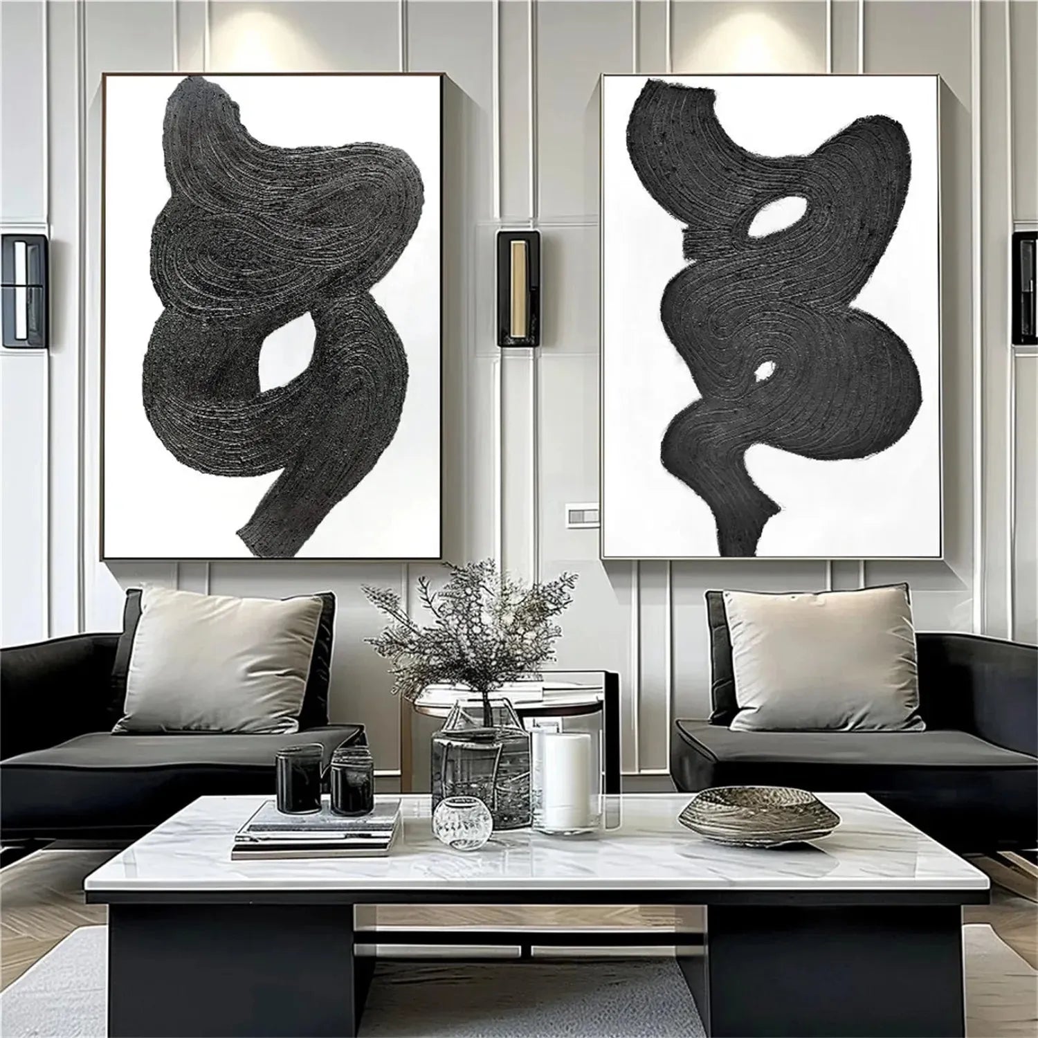 Black White Textured Minimalist Wall Art Set of 2 #MZ114
