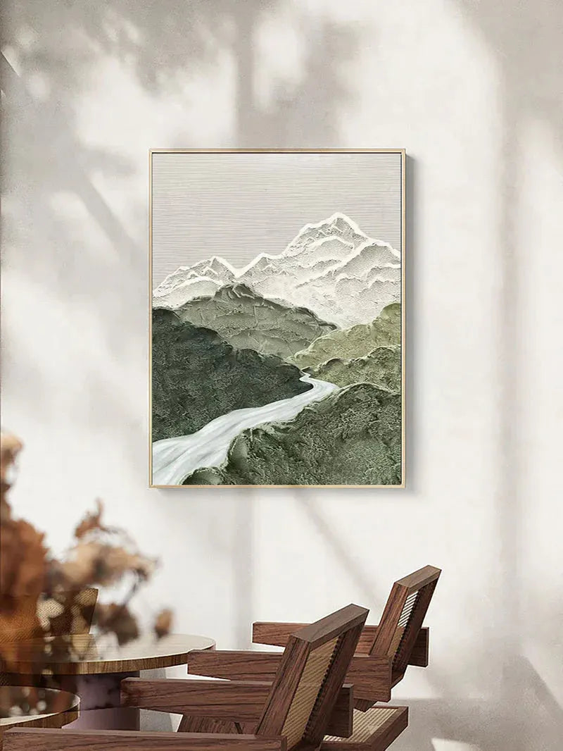Green and White Mountain Textured Abstract Painting #MT089