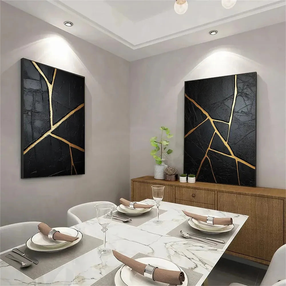 Black and Gold Minimalist Textured Canvas Set of 2 #MT071