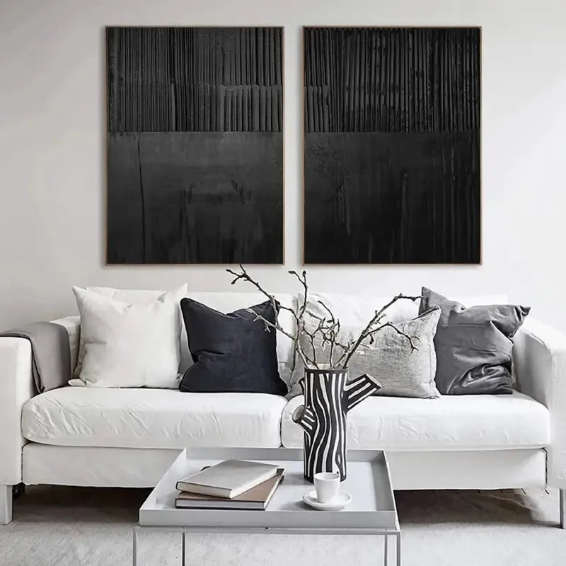 Black Minimalist Textured Painting Canvas Set of 2 #MZ028