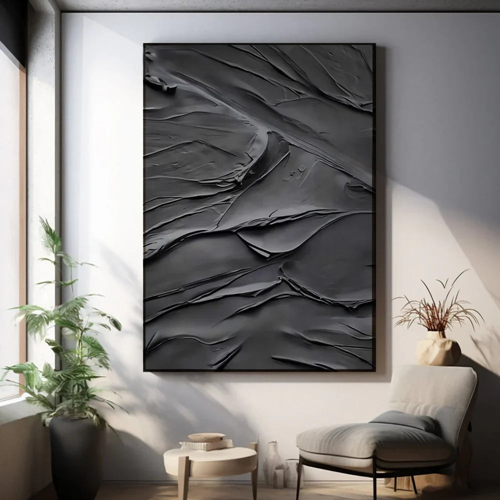 Black Plaster Art Minimalist Textured Painting #MZ048