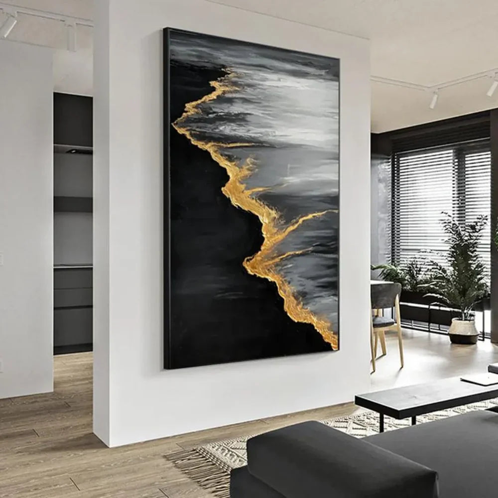 Black & Gold Ocean And Sky Abstract Textured Canvas Art #OS 288