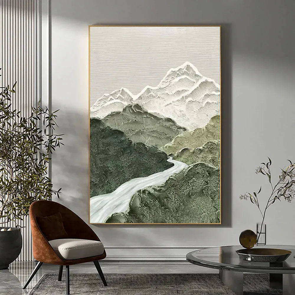 Green and White Mountain Textured Abstract Painting #MT089