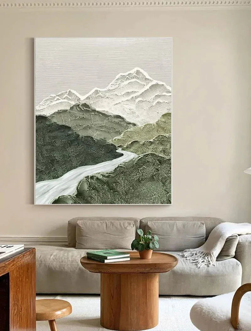Green and White Mountain Textured Abstract Painting #MT089