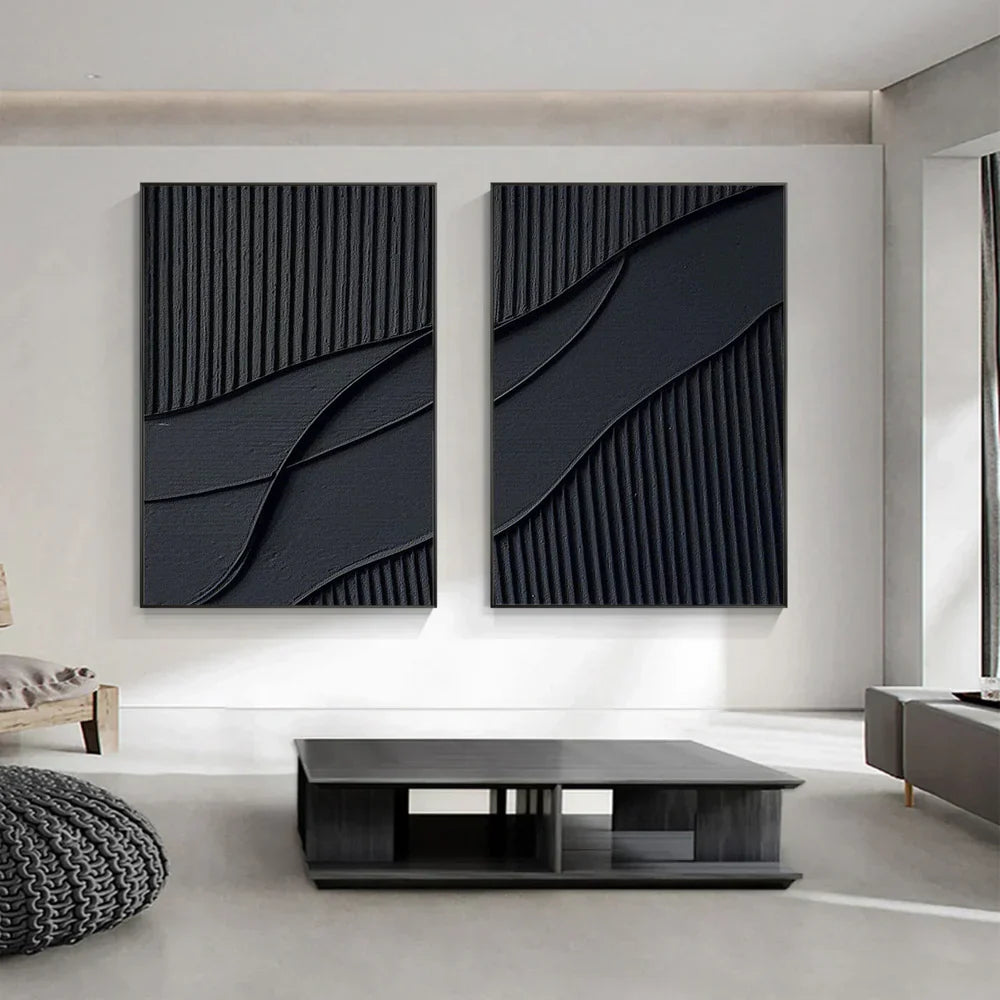 Black Plaster Art Minimalist Textured Paintings Set of 2 #MZ043