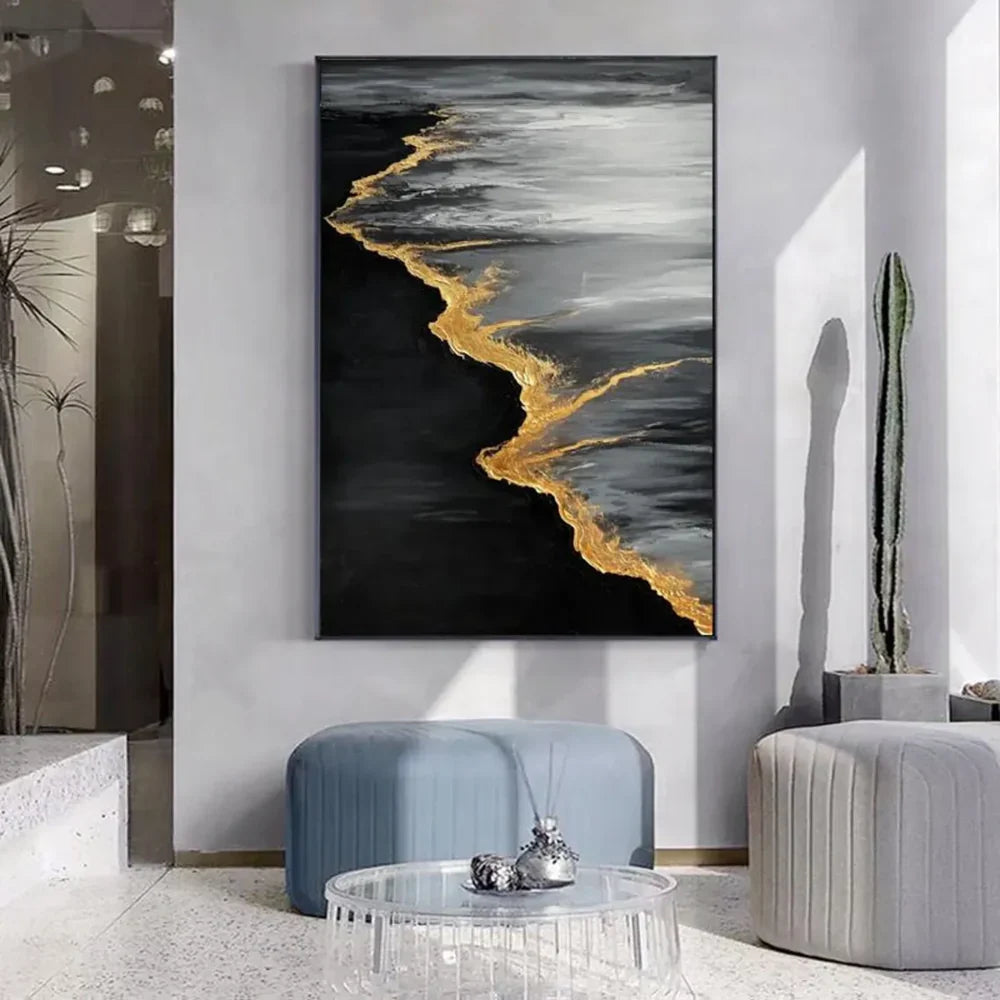 Black & Gold Ocean And Sky Abstract Textured Canvas Art #OS 288