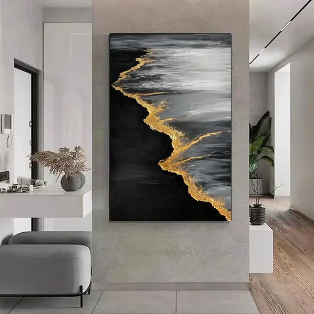 Black & Gold Ocean And Sky Abstract Textured Canvas Art #OS 288