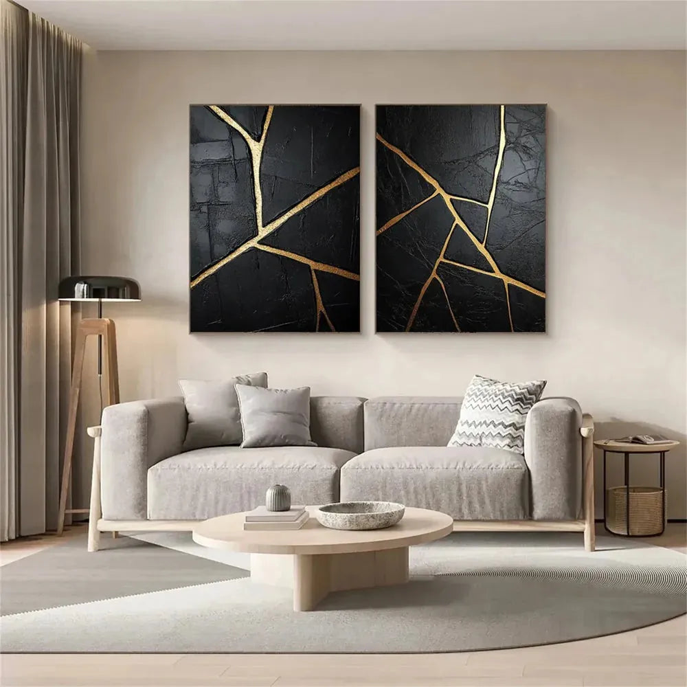Black and Gold Minimalist Textured Canvas Set of 2 #MT071