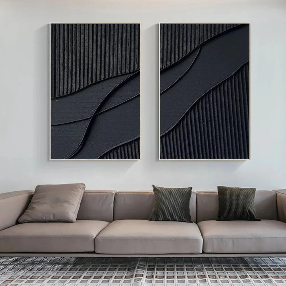 Black Minimalist Textured Canvas Set of 2 #MT087