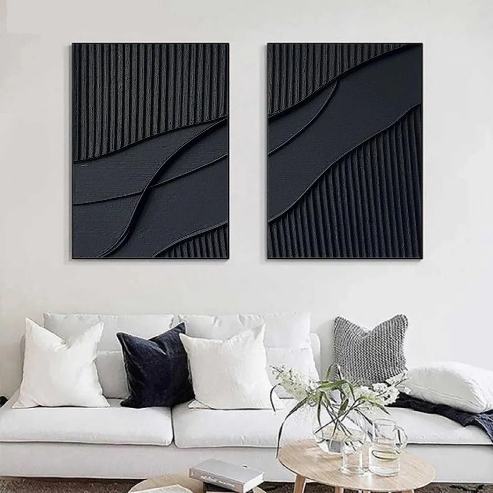 Black Minimalist Textured Canvas Set of 2 #MT087