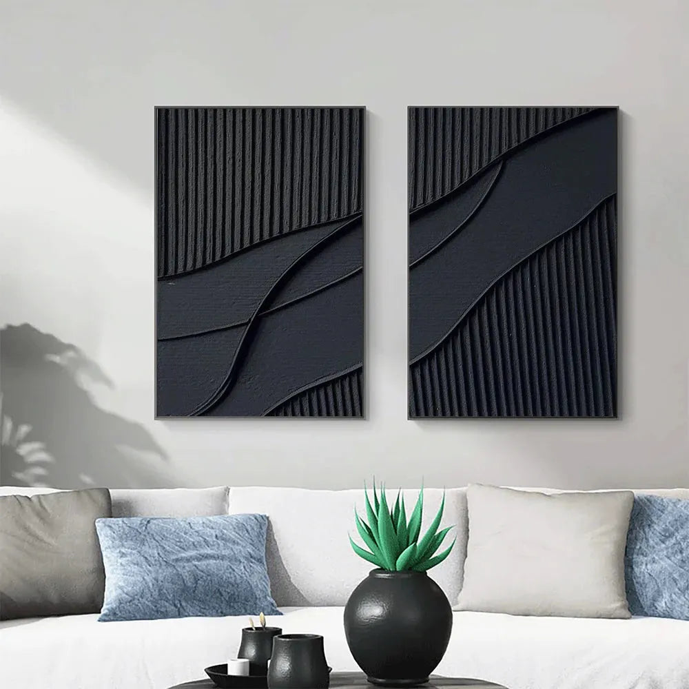 Black Minimalist Textured Canvas Set of 2 #MT087