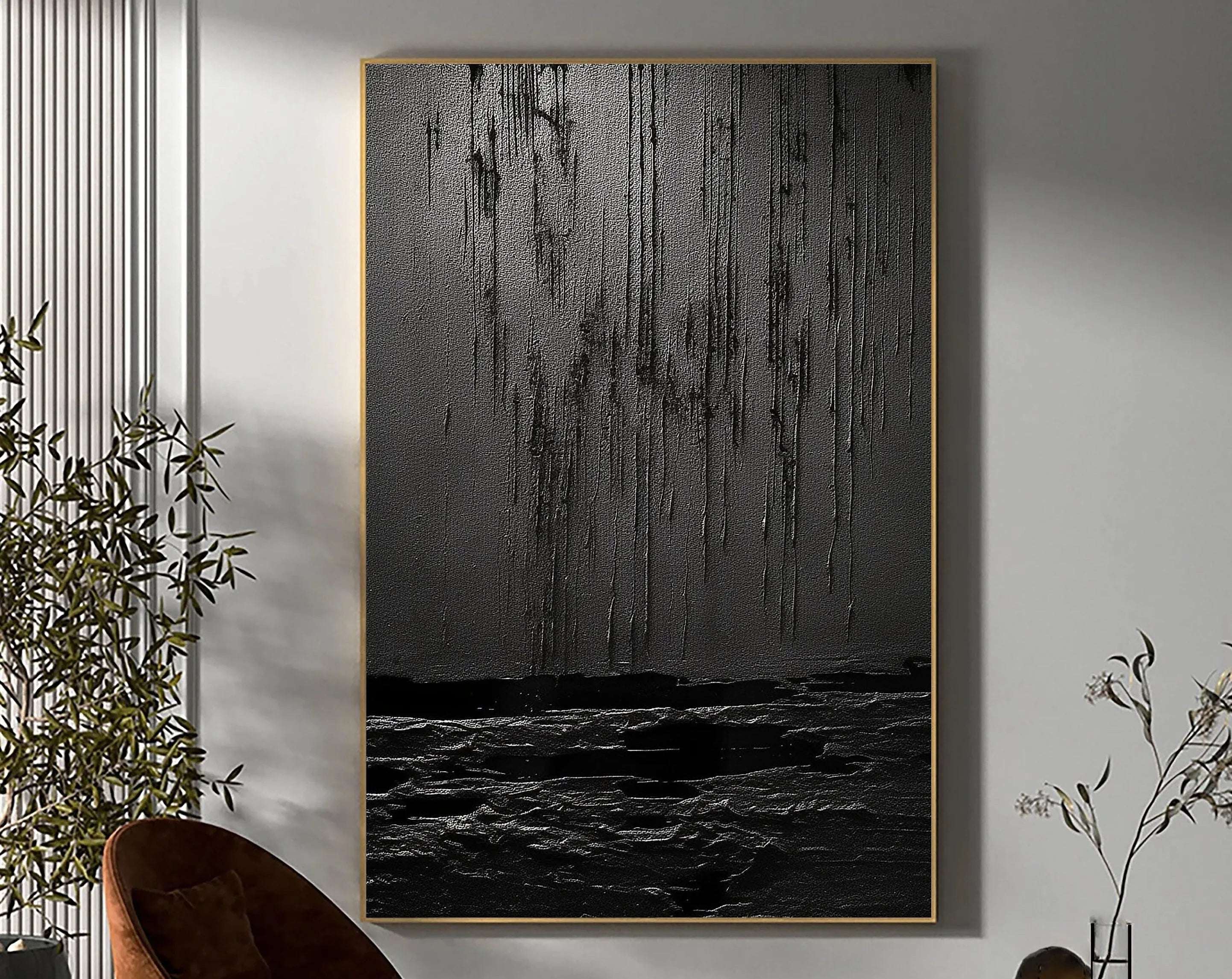 Black Minimalist Textured Painting Canvas #MZ031
